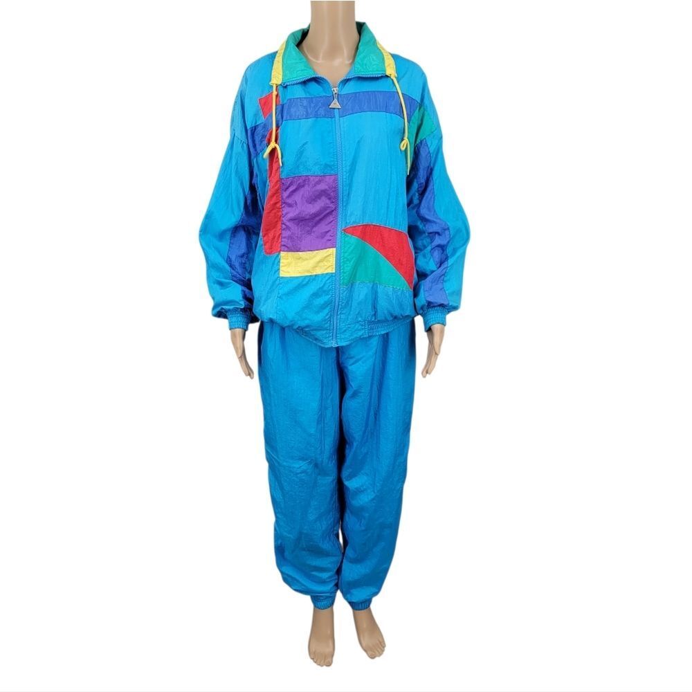 Casual Isle Vintage Blue Colorblock Nylon Tracksuit Windbreaker Jacket Pants Set